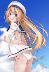 Rule 34 | 1girl, ass, bikini, bikini bottom only, bikini under clothes, blonde hair, blue eyes, cloud, day, from behind, hat, jervis (kancolle), kantai collection, long hair, looking back, no pants, open mouth, outdoors, shirt, sky, smile, solo, string bikini, swimsuit, swimsuit under clothes, white bikini, white shirt, yumesato makura