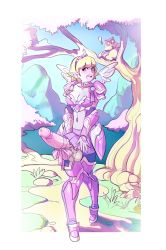 Rule 34 | 1futa, armor, blonde hair, blush, bow, breasts, character age, cleavage, dark elf, drowtales, drowtales: space age, elf, embarrassed, erection, full body, futanari, highres, huge penis, maniacpaint, medium breasts, nature, navel, newhalf, outdoors, penis, pink theme, pointy ears, princess claire, ribbon, solo focus, standing, testicles, tiara, tree, uncensored, yellow eyes
