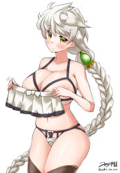 Rule 34 | 10s, 1girl, areola slip, asymmetrical hair, blush, bra, braid, breasts, brown thighhighs, cloud print, cupless bra, female focus, hair ornament, huge breasts, kantai collection, large breasts, long hair, looking at viewer, ponytail, revealing clothes, silver hair, simple background, single braid, skirt, unworn skirt, solo, standing, thighhighs, underwear, underwear only, unryuu (kancolle), very long hair, wavy hair, yellow eyes, yellow theme, yuuki hb