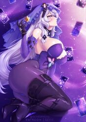 Rule 34 | 1girl, adapted costume, ass, bare shoulders, black gloves, black swan (honkai: star rail), breasts, card, cleavage, covered navel, elbow gloves, floating card, gloves, high heels, highres, honkai: star rail, honkai (series), large breasts, long hair, purple eyes, purple hair, sevie, sleeveless, solo, thick thighs, thighs, veil, very long hair