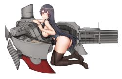 Rule 34 | 1girl, absurdres, alternate costume, ass, black hair, black socks, breasts, competition swimsuit, groin, highres, hip focus, isokaze (kancolle), kantai collection, kitsune udon (ai br), kneehighs, large breasts, long hair, looking at viewer, machinery, one-piece swimsuit, red eyes, sideboob, smile, socks, swimsuit, torpedo, torpedo launcher, torpedo tubes, turret