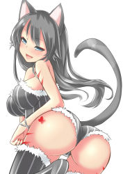 Rule 34 | 1girl, animal ears, ass, bare shoulders, black hair, blue eyes, cat ears, cat tail, fang, fur, highres, leotard, long hair, looking back, open mouth, original, sei000, simple background, solo, tail, tattoo, white background
