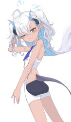 Rule 34 | 1girl, adjusting hair, ass, black shorts, blue archive, blue necktie, colored inner hair, commentary request, dark-skinned female, dark skin, demon girl, demon horns, demon tail, from behind, gari gari 1, hair between eyes, halo, highres, horns, long hair, looking at viewer, looking back, multicolored hair, necktie, orange eyes, school uniform, short shorts, shorts, sidelocks, simple background, sleepy, sleeveless, solo, sumomo (blue archive), tail, tearing up, twisted torso, two-tone hair, two side up, white background, white hair