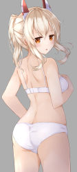 Rule 34 | 1girl, :o, ass, ayanami (azur lane), azur lane, back, bare arms, bare shoulders, blonde hair, blush, bra, breasts, commentary request, cowboy shot, from behind, grey background, hair between eyes, hair ornament, hand on own chest, highres, long hair, looking at viewer, looking back, medium breasts, moko (mokomozi11), orange eyes, panties, parted lips, ponytail, shoulder blades, sidelocks, simple background, solo, underwear, underwear only, white bra, white panties