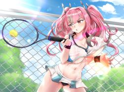 Rule 34 | 1girl, :o, azur lane, ball, bare shoulders, black panties, blue sky, blush, bouncing breasts, breasts, bremerton (azur lane), bremerton (scorching-hot training) (azur lane), chain-link fence, cleavage, cloud, collarbone, collared shirt, commentary request, covered erect nipples, cowboy shot, crop top, crop top overhang, day, fence, green skirt, grey hair, groin, hair between eyes, hair intakes, hair ornament, heavy breathing, highres, holding, holding racket, kamiki008, large breasts, lens flare, light particles, light rays, long hair, looking to the side, midriff, miniskirt, multicolored hair, navel, no mole, outdoors, panties, pantyshot, pink eyes, pink hair, racket, shirt, sidelocks, skirt, sky, sleeveless, sleeveless shirt, solo, sportswear, standing, streaked hair, sunbeam, sunlight, sweat, tennis, tennis ball, tennis racket, tennis uniform, tree, twintails, two-tone hair, two-tone shirt, two-tone skirt, underboob, underwear, wet, wet clothes, wet shirt, white shirt, white skirt, wristband