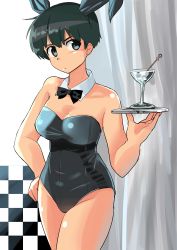 Rule 34 | 1girl, absurdres, animal ears, black eyes, black hair, black leotard, bow, bowtie, breasts, cleavage, closed mouth, cocktail glass, collar, commentary, cowboy shot, cup, detached collar, drinking glass, fake animal ears, frown, genderswap, genderswap (mtf), haida katsuretsu, hand on own hip, highres, holding, holding tray, leotard, looking at viewer, medium breasts, original, playboy bunny, rabbit ears, short hair, solo, standing, strapless, strapless leotard, sweatdrop, tray, white collar, wing collar, wrist cuffs