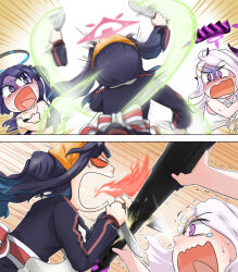 Rule 34 | 2koma, 3girls, ahoge, alternate costume, angry, apron, black eyes, black hair, blue archive, c/h, comic, commentary, dual wielding, english commentary, fire, furious, fuuka (blue archive), hair between eyes, hair ornament, hairclip, halo, hina (blue archive), holding, kitchen knife, long hair, long sleeves, multiple girls, parted bangs, ponytail, purple eyes, red eyes, scared, school uniform, serafuku, sidelocks, silent comic, sleeveless, trembling, twintails, two side up, white hair, yuuka (blue archive)