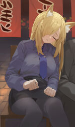 Rule 34 | 1girl, 1other, 26th, absurdres, animal ear fluff, animal ears, black pantyhose, black skirt, blonde hair, blue archive, blue necktie, blue shirt, breasts, clenched hands, closed eyes, closed mouth, collared shirt, commentary, feet out of frame, hair over one eye, highres, kanna (blue archive), korean commentary, large breasts, long hair, long sleeves, necktie, night, on chair, one eye covered, pantyhose, shirt, shirt tucked in, sitting, skirt, sleeping, solo focus, tie clip