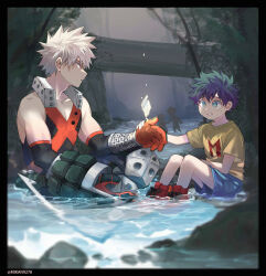 Rule 34 | 4boys, aged down, arm on thigh, atmospheric perspective, baggy pants, bakugou katsuki, bare shoulders, belt, black border, black pants, black tank top, blonde hair, blue eyes, blue shorts, blurry, boku no hero academia, border, child, collarbone, commentary, cross-laced footwear, curly hair, detached sleeves, explosive, film grain, floating, floating object, freckles, full body, gloves, glowing, green eyes, green gloves, green hair, grenade, hair between eyes, hand on another&#039;s hand, hand up, highres, knee pads, knees up, looking at another, male focus, midoriya izuku, mikan (artist), multicolored eyes, multicolored hair, multiple boys, open hands, orange gloves, outdoors, outstretched arm, outstretched arms, pants, parted lips, partially submerged, pectoral cleavage, pectorals, plant, pocket, profile, purple hair, red eyes, red footwear, river, rock, shirt, shoes, short hair, short sleeves, shorts, silhouette, sitting, sleeveless, smile, sneakers, spiked hair, spoilers, symbol-only commentary, t-shirt, tank top, tree trunk bridge, two-tone gloves, v-neck, vines, wading, water, wrist guards, x, yellow shirt