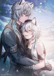 Rule 34 | 1boy, 1girl, :d, animal ear fluff, animal ears, arknights, armband, bandeau, bare shoulders, black bandeau, black gloves, black neckwear, black shirt, blue jacket, breasts, brother and sister, cliffheart (arknights), closed eyes, closed mouth, cloud, cloudy sky, collarbone, collared shirt, coyucom, gloves, grey eyes, hair between eyes, hair over shoulder, headpat, hug, jacket, jewelry, leopard boy, leopard ears, leopard girl, leopard tail, long hair, long sleeves, looking at another, lower teeth only, midriff, navel, necklace, necktie, open mouth, outdoors, pixiv id, shirt, short hair, siblings, sidelocks, silver hair, silverash (arknights), sky, sleeveless duster, small breasts, smile, snowing, standing, tail, teeth, twitter username, upper body