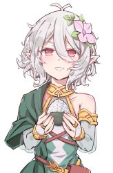 Rule 34 | 1girl, antenna hair, bare shoulders, blush, bridal gauntlets, cchhii3, collarbone, commentary request, detached sleeves, dress, eyebrows hidden by hair, flower, food, green sleeves, grey hair, hair between eyes, hair flower, hair ornament, highres, holding, holding food, kokkoro (princess connect!), long sleeves, looking at viewer, onigiri, parted lips, pink flower, pointy ears, princess connect!, puffy long sleeves, puffy sleeves, red eyes, see-through, see-through sleeves, simple background, sleeveless, sleeveless dress, smile, solo, upper body, white background, white dress