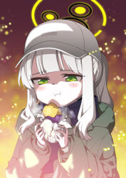 Rule 34 | 1girl, blue archive, blush, closed mouth, eating, food, green eyes, green jacket, grey hair, halo, hare (blue archive), hare (camp) (blue archive), highres, hitotose rin, holding, holding food, hood, hood down, hooded jacket, jacket, long sleeves, official alternate costume, ponytail, solo, sweet potato, upper body, white headwear