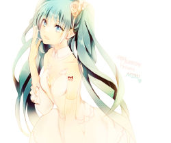 Rule 34 | 1girl, bad id, bad pixiv id, blue eyes, character name, collar, detached sleeves, dress, green hair, happy birthday, hatsune miku, headset, long hair, myai, solo, strapless, strapless dress, twintails, very long hair, vocaloid, white background