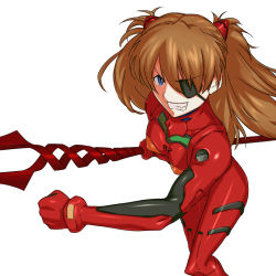 Rule 34 | 10s, 1girl, bident, blue eyes, bodysuit, brown hair, clenched hand, clenched hands, clenched teeth, evangelion: 3.0 you can (not) redo, eyepatch, grin, kanna asuke, lance, lance of longinus (evangelion), latex, long hair, neon genesis evangelion, plugsuit, polearm, rebuild of evangelion, simple background, smile, solo, souryuu asuka langley, spear, teeth, weapon