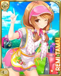 Rule 34 | 1girl, apron, bare legs, brown eyes, brown hair, card (medium), closed mouth, day, girlfriend (kari), golf, golf club, golf course, looking at viewer, low twintails, official art, one eye closed, outdoors, pink shorts, qp:flapper, shorts, smile, solo, standing, tagme, tamai remi, twintails