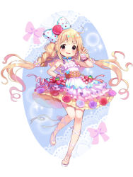 Rule 34 | 1girl, bad id, bad pixiv id, bare shoulders, belt, blonde hair, bow, braid, cross-laced footwear, dress, earrings, flower, frilled dress, frills, full body, futaba anzu, hair bow, hand on own hip, idolmaster, idolmaster cinderella girls, idolmaster cinderella girls starlight stage, jewelry, long hair, looking at viewer, low twintails, m2 (guvn5745), purple flower, purple rose, red eyes, red flower, red rose, rose, sandals, smug, sparkle, twin braids, twintails, very long hair