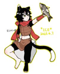 Rule 34 | 1girl, animal, animal ears, arm guards, arm up, armor, barefoot, black hair, body fur, brown skirt, cat ears, cat girl, cat tail, closed mouth, crop top, cube, dated, dungeon meshi, fish, full body, holding, holding animal, holding fish, holding knife, izutsumi, knife, leather armor, looking to the side, midriff, navel, outline, outstretched arm, short hair, simple background, sitting, skirt, sleeveless, solo, tail, white background, xinjinjumin642174478506, yellow eyes, yellow outline