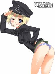 Rule 34 | 1girl, ass, blonde hair, blue eyes, breasts, erica hartmann, female focus, hat, military, military uniform, panties, salute, simple background, small breasts, solo, strike witches, striped clothes, striped panties, underwear, uniform, world witches series