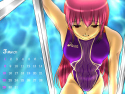 Rule 34 | bad id, bad pixiv id, calendar, competition swimsuit, ikuta kaoru, long hair, one-piece swimsuit, pool, red eyes, red hair, solo, swimsuit