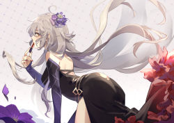 Rule 34 | 1girl, a ching, ahoge, applying makeup, arm warmers, black dress, closed mouth, dress, fate/grand order, fate (series), fingernails, flower, from side, gradient clothes, grey hair, hair flower, hair ornament, jeanne d&#039;arc (fate), jeanne d&#039;arc alter (avenger) (fate), jeanne d&#039;arc alter (fate), long hair, looking at viewer, nail polish, profile, purple background, purple sleeves, lipstick tube, red nails, solo, yellow eyes