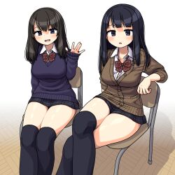 Rule 34 | 2girls, :d, :o, \||/, black hair, blunt bangs, blush, bow, bowtie, breasts, brown cardigan, brown hair, cardigan, collarbone, crossed legs, fox shadow puppet, hair between eyes, highres, large breasts, legs together, long hair, looking at viewer, maruput, microskirt, multiple girls, on chair, open mouth, original, over-kneehighs, parted lips, purple eyes, purple sweater, red bow, red bowtie, school uniform, sitting, skirt, sleeves past wrists, smile, sweater, thighhighs, thighs, waving