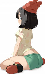Rule 34 | 1girl, ass, ass focus, beanie, black hair, blue eyes, blush, closed mouth, creatures (company), floral print, from side, full body, game freak, green shorts, hat, kaisen chuui, nintendo, pokemon, pokemon sm, selene (pokemon), shirt, shoes, short hair, short shorts, short sleeves, shorts, simple background, sitting, smile, solo, white background