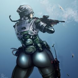 Rule 34 | 1girl, amrrr, ass, black hair, body armor, dokkaebi, glasses, gun, hat, huge ass, pants, rainbow six siege, solo, thick thighs, thighs, tight clothes, tight pants, weapon, wide hips