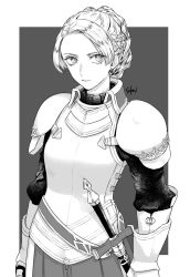 Rule 34 | 1girl, armor, braid, chris lightfellow, closed mouth, french braid, gensou suikoden, gensou suikoden iii, gloves, greyscale, highres, looking at viewer, monochrome, purple eyes, sakai (motomei), short hair, silver hair, simple background, solo, sword, weapon