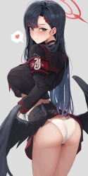 Rule 34 | 1girl, absurdres, armband, ass, black choker, black hair, black serafuku, black skirt, black wings, blue archive, blue eyes, blush, breasts, bubble99, choker, closed mouth, commentary request, cropped shirt, feathered wings, from behind, grey background, halo, heart, highres, ichika (blue archive), korean commentary, large breasts, long hair, long sleeves, looking at viewer, looking back, low wings, miniskirt, panties, red armband, red halo, school uniform, serafuku, simple background, skirt, smile, solo, spoken heart, standing, straight hair, underwear, very long hair, white panties, wings