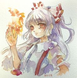 Rule 34 | 1girl, blunt bangs, blush, bow, closed mouth, collared shirt, commentary, dated, fire, fire, frown, fujiwara no mokou, hair bow, highres, long hair, looking at viewer, one-hour drawing challenge, painting (medium), red eyes, shiroma (mamiko), shirt, short sleeves, solo, suspenders, torn clothes, torn sleeves, touhou, traditional media, upper body, watercolor (medium), white bow, white hair, white shirt