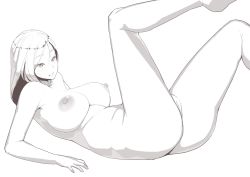 Rule 34 | 1girl, arm support, ass, breasts, female focus, greyscale, hakai shin, large breasts, legs up, looking at viewer, lying, monochrome, nipples, nude, on back, smile, solo