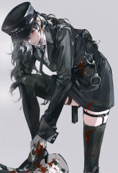 Rule 34 | 1boy, absurdres, amamiya ren, arm behind back, belt, black belt, black footwear, black hair, black headwear, black jacket, black necktie, black skirt, black thighhighs, blood, blood on clothes, blood on hands, chinese commentary, coat, collared shirt, commentary request, crossdressing, cuffs, foot out of frame, gloves, grey background, hair between eyes, handcuffs, high heels, highres, holding, holding handcuffs, jacket, lapels, legwear garter, long hair, long sleeves, looking at viewer, male focus, necktie, notched lapels, official alternate costume, ooc (sylyaoh), parted lips, persona, persona 5, persona 5: dancing star night, persona dancing, police, police uniform, red eyes, shirt, simple background, skirt, sleeve cuffs, solo focus, thighhighs, trap, uniform, white gloves, white shirt, wing collar