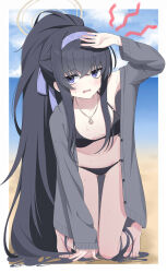 Rule 34 | 1girl, absurdly long hair, beach, bikini, black hair, black kimono, blue archive, blue eyes, blue sky, blush, border, breasts, commentary request, covering head, crossed bangs, facing viewer, gluteal fold, grey jacket, halo, hand up, headband, highres, jacket, japanese clothes, jewelry, kimono, kneeling, long hair, long sleeves, looking ahead, necklace, o-ring, o-ring bikini, ocean, official alternate costume, open clothes, open jacket, open mouth, outdoors, ponytail, purple headband, ruwo, sky, small breasts, solo, swimsuit, ui (blue archive), ui (swimsuit) (blue archive), very long hair, white border