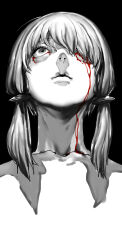 Rule 34 | 1girl, absurdres, blood, bloody tears, closed mouth, collarbone, commentary request, from below, greyscale, hair over one eye, highres, looking up, mashima jirou, monochrome, nude, shadow, short hair with long locks, simple background, solo, spot color, upper body, vocaloid, voiceroid, yuzuki yukari