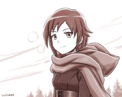 Rule 34 | 1girl, artist name, cape, commentary, dated, english commentary, hood, looking afar, outdoors, ruby rose, rwby, saver (artbysaver), sepia, short hair, sketch, sky, solo, tree, upper body