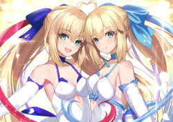 Rule 34 | 2girls, ahoge, aqua eyes, artoria caster (fate), artoria caster (swimsuit) (fate), artoria pendragon (fate), bare shoulders, blonde hair, blush, breasts, cleavage, closed mouth, dress, elbow gloves, fate/grand order, fate (series), gloves, green eyes, hair ribbon, long hair, looking at viewer, medium breasts, morgan le fay (fate), morgan le fay (water princess) (fate), multiple girls, neko daruma, open mouth, ponytail, ribbon, smile, white dress, white gloves