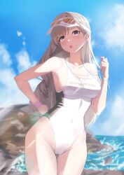 Rule 34 | absurdres, armpits, blue sky, breasts, brown eyes, cloud, collarbone, covered navel, cowboy shot, day, eyewear on head, grey hair, groin, hand on own hip, highleg, highleg swimsuit, highres, holding, holding whistle, idolmaster, idolmaster shiny colors, large breasts, long hair, one-piece swimsuit, outdoors, rock, sky, sunglasses, swimsuit, td (tandeom97), two-tone swimsuit, visor cap, whistle, whistle around neck, white one-piece swimsuit, wristband, yukoku kiriko
