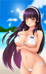 Rule 34 | 1girl, bad id, bad pixiv id, bare arms, bare shoulders, beach, bikini, bloody0rabby, blue bow, blue sky, blunt bangs, blush, bow, breast hold, breasts, brown eyes, brown hair, cleavage, closed mouth, collarbone, commentary request, covered erect nipples, cowboy shot, day, flower, girls&#039; frontline, groin, hair flower, hair ornament, hairband, hand on own chest, highres, horizon, large breasts, long hair, looking at viewer, lowleg, lowleg bikini, navel, ocean, outdoors, petals, signature, sky, smile, solo, standing, stomach, swimsuit, type 95 (girls&#039; frontline), upper body, very long hair, water, white bikini, white hairband
