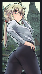 Rule 34 | 1girl, alternate hair length, alternate hairstyle, antenna hair, ass, ass focus, black border, black pants, blonde hair, border, breasts, closed mouth, collared shirt, commentary request, green eyes, hair between eyes, hand on own hip, highres, koshirae tsurugi (m.m), long hair, long sleeves, low ponytail, m.m, original, pants, ponytail, shirt, small breasts, smile, solo, tower, white shirt