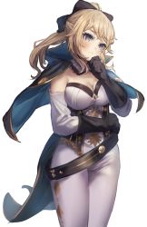 Rule 34 | 1girl, belt, blonde hair, blue capelet, blush, bow, breasts, capelet, cleavage, gauntlets, genshin impact, hair bow, highres, jean (genshin impact), large breasts, long hair, looking at viewer, multicolored capelet, owaowa no mi, pants, ponytail, sidelocks, solo, tight clothes, tight pants, white pants