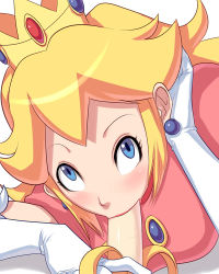 Rule 34 | 1girl, :&gt;=, banana, blonde hair, blue eyes, blush, crown, dress, earrings, elbow gloves, eye contact, fellatio, food, fruit, gloves, hat, jewelry, long hair, looking at another, mario (series), nintendo, oral, pov, princess, princess peach, sawao, sexually suggestive, solo, super mario bros. 1