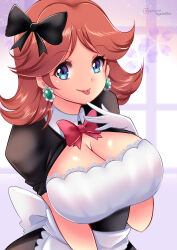 Rule 34 | 1girl, absurdres, apron, blue eyes, breasts, cleavage, cosplay, earrings, flower earrings, grin, highres, jewelry, large breasts, looking at viewer, maid, maid apron, mario (series), nintendo, princess daisy, ribbon, shiny skin, smile, solo, standing, sugarbell, super mario land, tomboy, tongue, tongue out