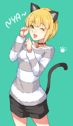 Rule 34 | 1girl, :d, animal ears, bad id, bad pixiv id, black shorts, blonde hair, cat ears, cat tail, cowboy shot, eichan (eichanidfi), green background, green eyes, highres, idolmaster, idolmaster cinderella girls, idolmaster cinderella girls starlight stage, miyamoto frederica, open mouth, short hair, short shorts, shorts, simple background, smile, solo, standing, striped clothes, striped sweater, sweater, tail