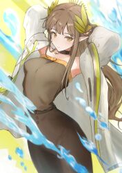 Rule 34 | 1girl, arknights, arm up, armpits, arms behind head, black choker, breasts, brown dress, brown hair, choker, coat, commentary request, cowboy shot, dress, elf, highres, lab coat, laurel crown, laurels, long hair, long sleeves, looking at viewer, mole, muelsyse (arknights), open clothes, open coat, orange eyes, pointy ears, small breasts, smile, solo, sora mame (princess 0sora), water, white coat