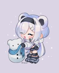 Rule 34 | 1girl, :d, ^ ^, animal ears, arknights, aurora (arknights), bear ears, black gloves, black hairband, black shorts, blue scarf, closed eyes, commentary, daba (0dbdbx), eyes visible through hair, fringe trim, gloves, grey footwear, hair ornament, hair over one eye, hairband, hairclip, jacket, long sleeves, open mouth, paw shoes, puffy long sleeves, puffy sleeves, scarf, short shorts, shorts, smile, snowing, snowman, solo, twitter username, white jacket