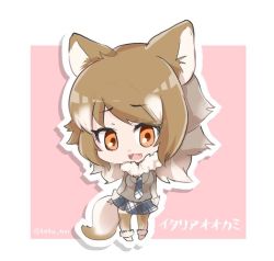 Rule 34 | 10s, 1girl, :3, animal ears, boots, border, brown hair, brown thighhighs, character name, chibi, collar, commentary request, eyebrow twitching, eyebrows, fangs, full body, fur-trimmed boots, fur collar, fur trim, gradient hair, italian wolf (kemono friends), kemono friends, long sleeves, looking at viewer, multicolored hair, necktie, open mouth, orange eyes, outline, outside border, pink background, plaid, plaid necktie, plaid neckwear, plaid skirt, shadow, short hair, skirt, solo, standing, tail, tatsuno newo, thighhighs, twitter username, white border, white hair, white outline, wolf ears, wolf tail, zettai ryouiki