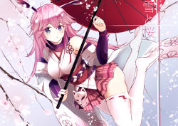 Rule 34 | 1girl, absurdres, animal ears, bare shoulders, branch, cherry blossoms, closed mouth, fox ears, full body, highres, holding, holding umbrella, honkai (series), honkai impact 3rd, japanese clothes, long hair, looking at viewer, miko, no shoes, oil-paper umbrella, pink hair, pink skirt, skirt, snow, snowing, soles, solo, takeuchisekei, thighhighs, umbrella, white sleeves, white thighhighs, yae sakura, yae sakura (gyakushinn miko)