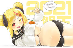 Rule 34 | 1girl, 2021, belly, between breasts, blonde hair, breasts, bright pupils, choker, cropped jacket, double bun, food, fruit, hair bun, happy new year, heterochromia, hikimayu, horns, jacket, large breasts, lying, mandarin orange, medium hair, mole, mole on breast, multicolored hair, naik, navel, new year, on side, open mouth, oppai mochi, original, parted bangs, plump, red eyes, short shorts, shorts, solo, streaked hair, track jacket, underboob, wide hips, yellow eyes