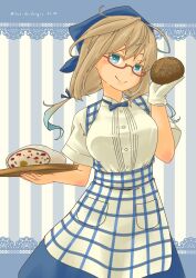 Rule 34 | 1girl, absurdres, ahoge, alternate costume, apron, blonde hair, blue apron, blue bow, blue bowtie, blue skirt, bow, bowtie, bread, breasts, checkered apron, checkered clothes, employee uniform, food, gingham, gingham apron, gingham skirt, glasses, green eyes, head scarf, high-waist skirt, highres, i-8 (kancolle), kantai collection, kobeya uniform, large breasts, long hair, looking at viewer, low twintails, plaid, plaid apron, pleated shirt, pot-de, red-framed eyewear, semi-rimless eyewear, shirt, short sleeves, skirt, smile, solo, tray, tri tails, twintails, uniform, waitress, white shirt