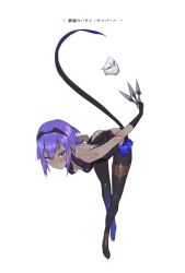 Rule 34 | 1girl, ass, backless outfit, bad id, bad pixiv id, bent over, black gloves, breasts, dark skin, dark-skinned female, fate/grand order, fate/prototype, fate/prototype: fragments of blue and silver, fate (series), gloves, hassan of serenity (fate), highres, holding, holding weapon, looking at viewer, mask, unworn mask, nito (siccarol), purple eyes, purple hair, short hair, small breasts, solo, weapon